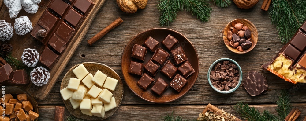 Assorted chocolate and confectionery display with nuts and festive decor on wooden table Assorted chocolate and confectionery display with nuts and festive decor on wooden table