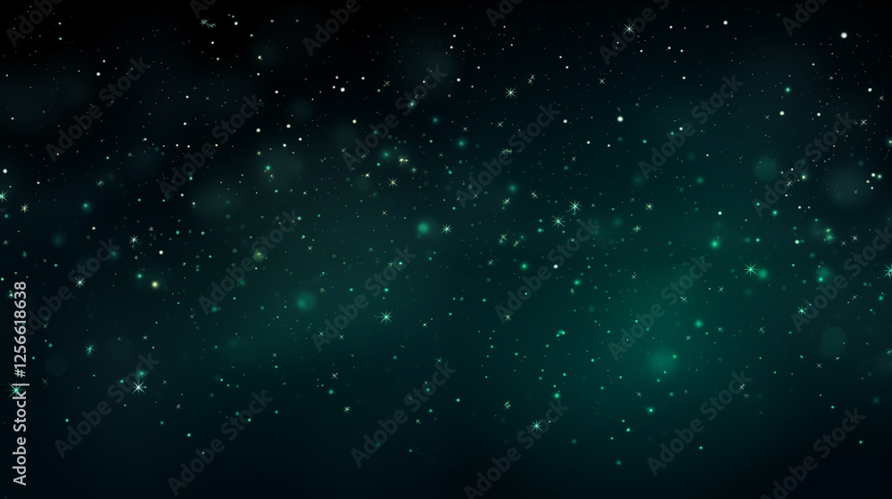 Obraz premium Particules scintillantes et brillantes volant sur fond sombre, noir. Lumière verte, paillettes dorées, argentées et flou. Fond pour bannière, création graphique