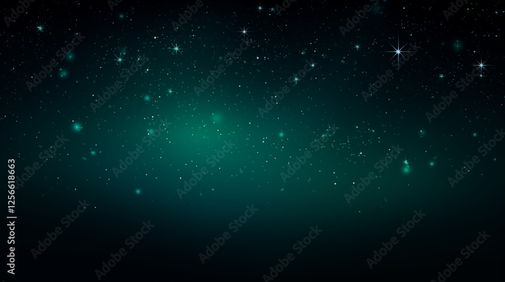 Fototapeta premium Particules scintillantes et brillantes volant sur fond sombre, noir. Lumière verte, paillettes dorées, argentées et flou. Fond pour bannière, création graphique