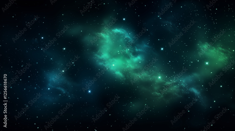 Obraz premium Particules scintillantes et brillantes volant sur fond sombre, noir. Lumière verte, paillettes dorées, argentées et flou. Fond pour bannière, création graphique