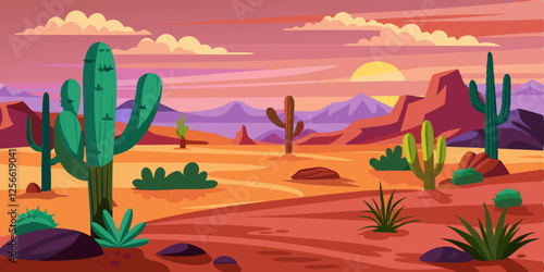 desert landscape with cactuses and sunset sun