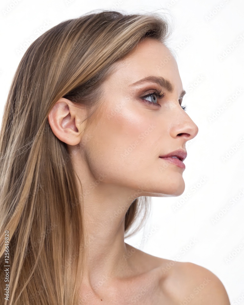 Elegant Profile of a Woman With Long Hair and Natural Makeup. Generative AI Elegant Profile of a Woman With Long Hair and Natural Makeup. Generative AI