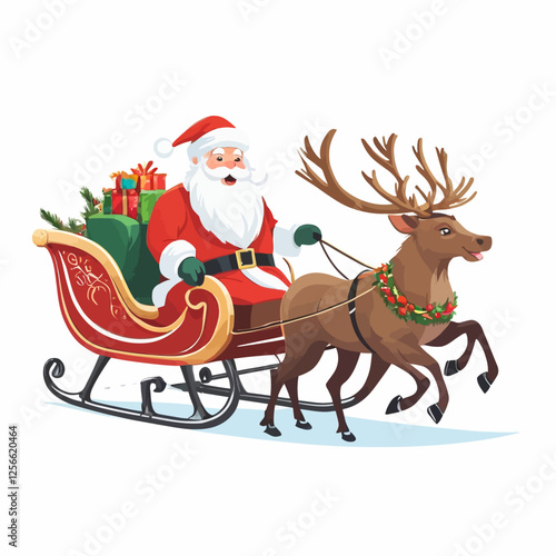 Christmas Santa Claus Sleigh: A jolly Santa Claus guides his sleigh, pulled by a reindeer laden with gifts, embodying the spirit of Christmas joy and holiday cheer.
