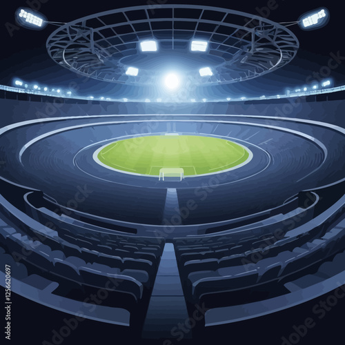 Stadium Night: An expansive view of an empty stadium at night, illuminated by bright spotlights, with a lush green field at the center.