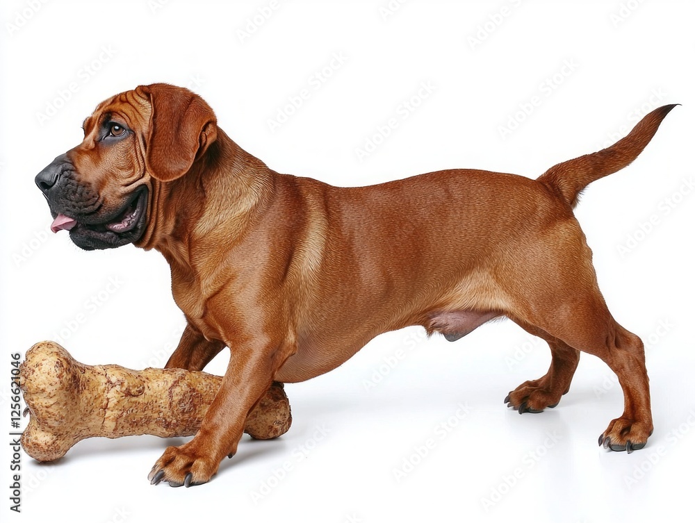 Bloodhound is happily chewing on large bone while standing on clean white surface. Its playful demeanor highlights breed’s distinctive traits and sense of enjoyment.
