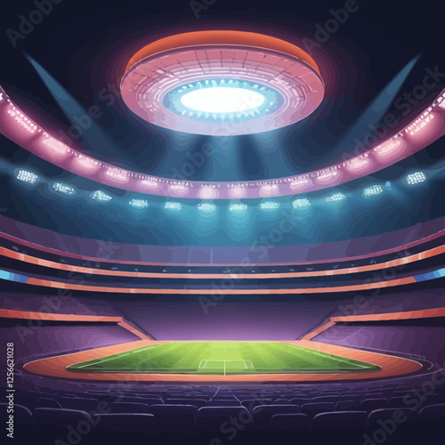 Stadium Night Lights: An empty stadium at night, illuminated by bright spotlights creating a dramatic and atmospheric scene. The lush green field is ready for action.