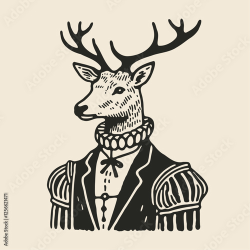 deer wearing medieval style, Victorian clothes, vintage portrait illustration
