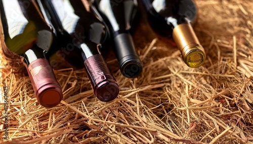 closeup shot of wineshelf bottles lay over straw photo