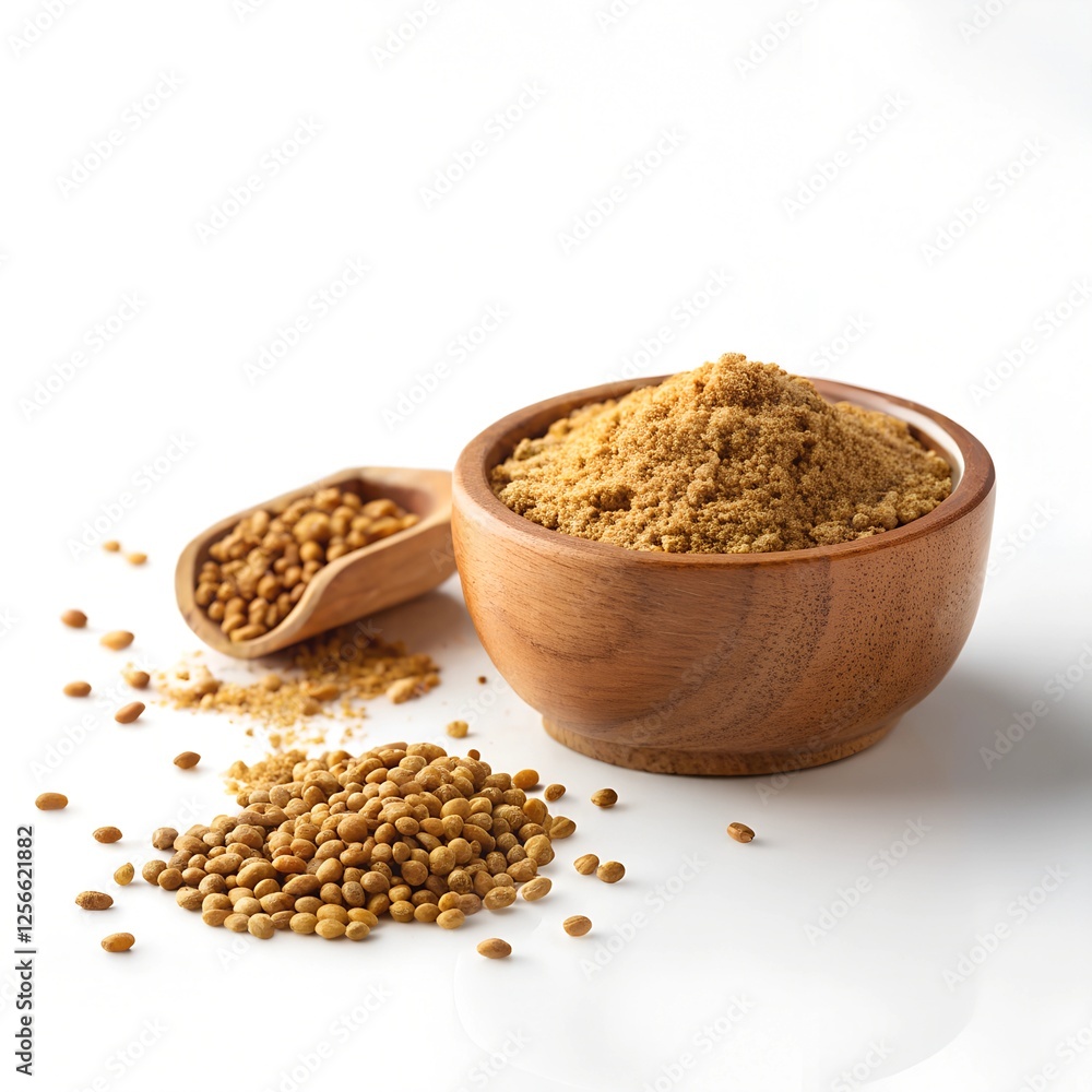A Minimalist 4K Image of Ground Spices and Whole Spices in a Wooden Bowl on a Pure White Background with Space for Labeling A Minimalist 4K Image of Ground Spices and Whole Spices in a Wooden Bowl on a Pure White Background with Space for Labeling