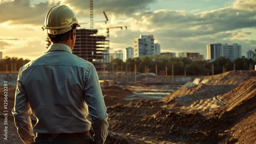 Visionary Architect: A lone architect stands on a construction site, contemplating the future as the sun sets over the city skyline. Visionary Architect: A lone architect stands on a construction site, contemplating the future as the sun sets over the city skyline.