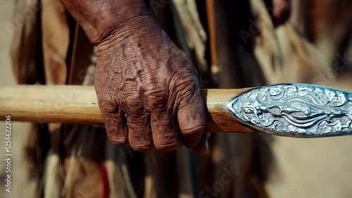 A close-up of a Native American warrior’s hand gripping the shaft of a spear, the metal spearhead sharp and gleaming.