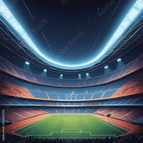 Grand Stadium Vista: An awe-inspiring, broad-angle view of a colossal, floodlit stadium, ready to ignite with the thrill of the game. The expansive.