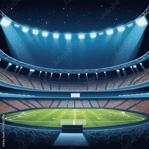 Stadium under the Stars: A dynamic night scene of a modern stadium, illuminated by bright floodlights under a starry night sky. Empty, yet filled with anticipation.