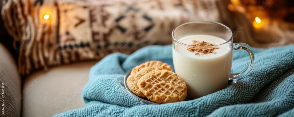 Cozy warm drink and cookies on blanket for relaxing evening