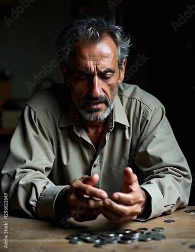 A Poor Man Counting Coins in Despair  Struggling with Poverty