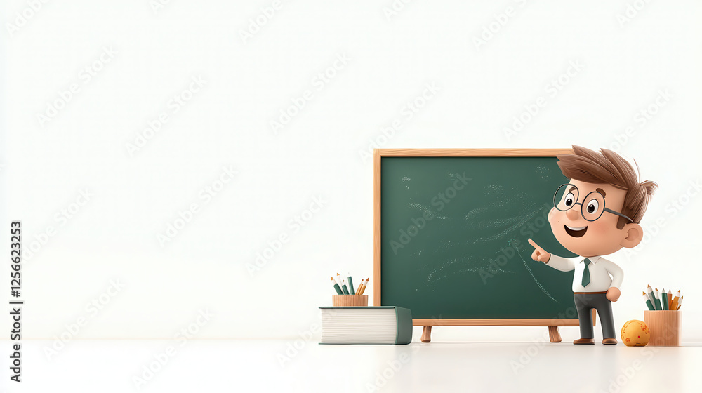 cheerful cartoon teacher stands beside chalkboard, explaining lesson with enthusiasm. classroom is bright and inviting, perfect for learning cheerful cartoon teacher stands beside chalkboard, explaining lesson with enthusiasm. classroom is bright and inviting, perfect for learning