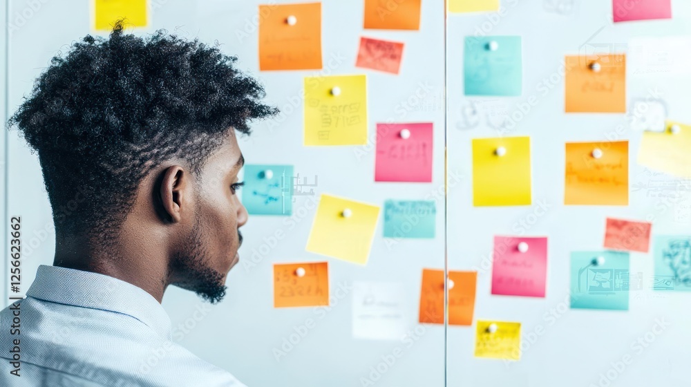Young Man Concentrating On Colorful Post-It Notes Young Man Concentrating On Colorful Post-It Notes