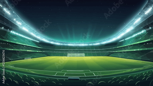 Night Stadium: Floodlights illuminate an empty football stadium at night, ready for the big game. The atmosphere is electric, anticipation hangs in the air.