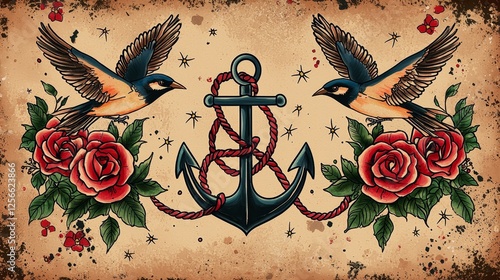 A vivid traditional tattoo flash design featuring bold sparrows in flight, an anchor wrapped in a vibrant red rope, and blooming roses, classic old-school charm photo