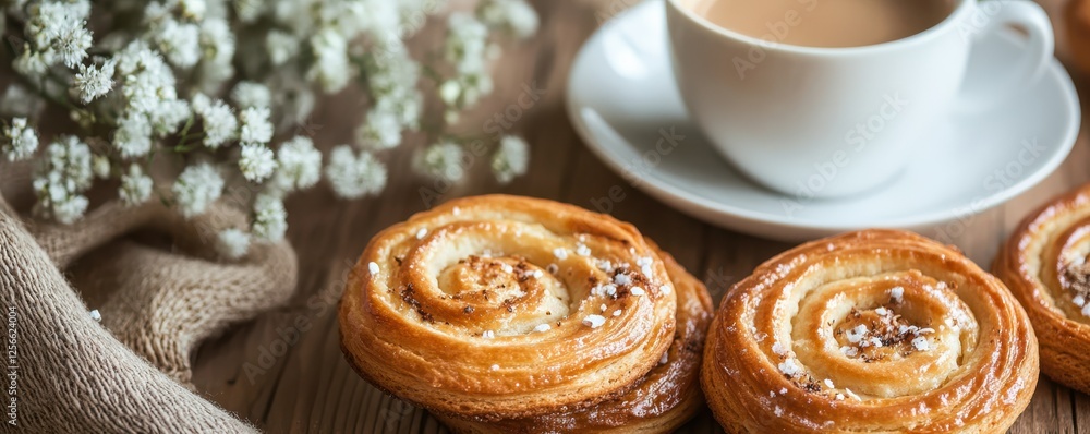 Freshly baked cinnamon rolls with sugar glaze on rustic wooden table Freshly baked cinnamon rolls with sugar glaze on rustic wooden table
