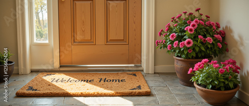 Welcoming entryway with a vibrant doormat and blooming potted flowers creating a warm and inviting atmosphere for spring season preparation photo