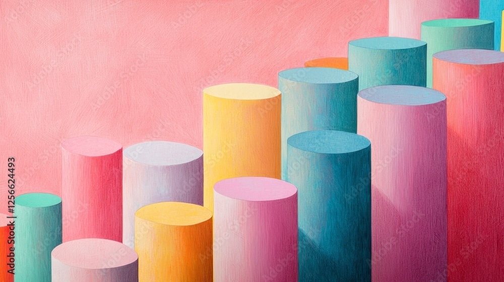 Brightly colored cylinders stacked unevenly, soft pink textured background, dynamic composition, high-detail sketch, retro aesthetic Brightly colored cylinders stacked unevenly, soft pink textured background, dynamic composition, high-detail sketch, retro aesthetic