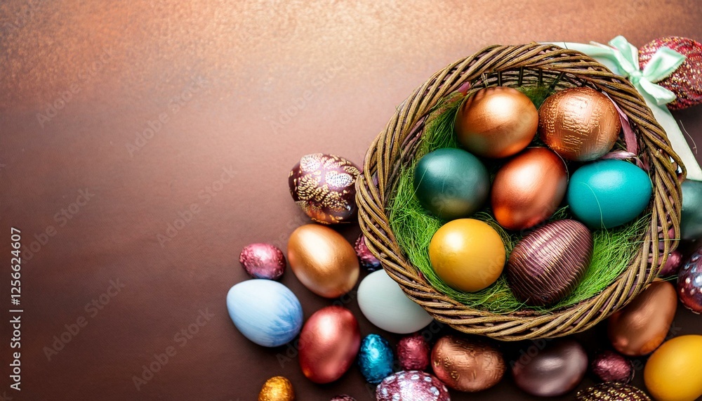 Fototapeta premium happy easter easter eggs basket painted easter eggs easter background easter theme decoration colorful easter eggs on shiny bronze background