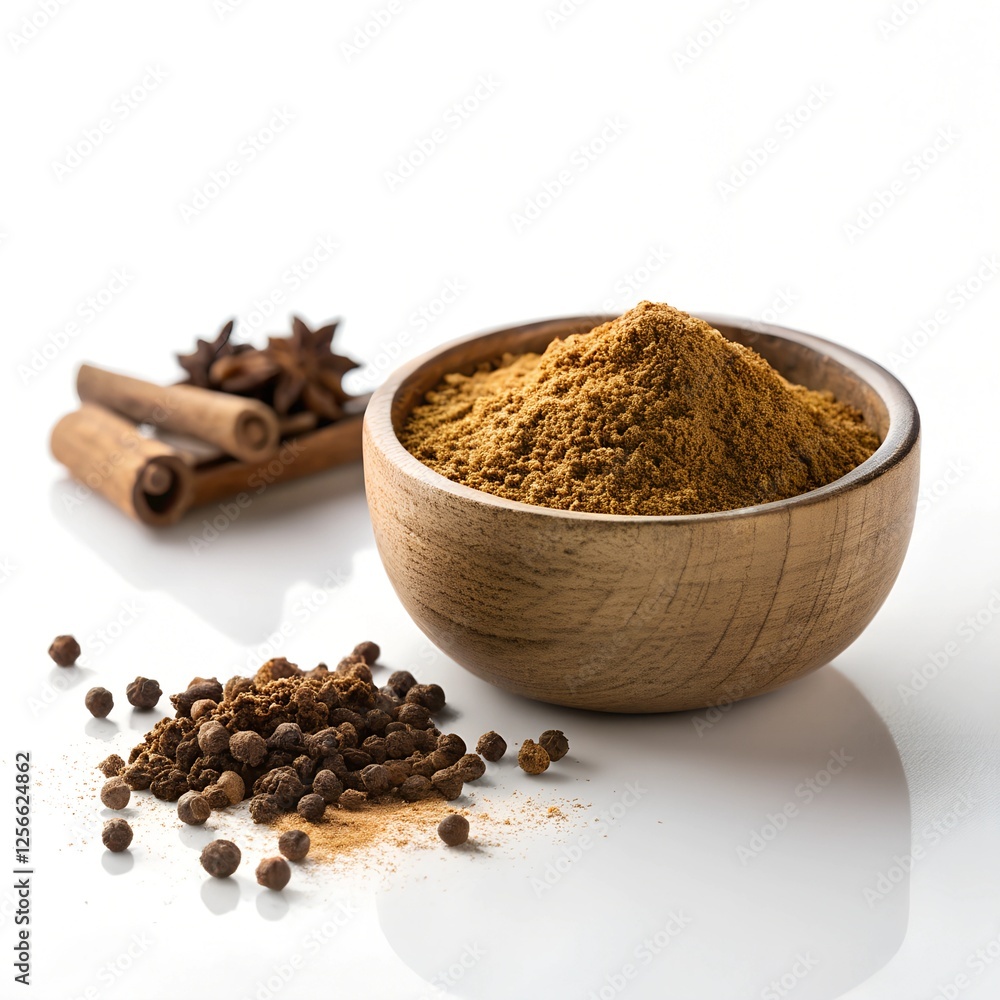 Image of Ground Spices and Whole Spices in a Wooden Bowl on a Pure White Background with Space for Labeling Image of Ground Spices and Whole Spices in a Wooden Bowl on a Pure White Background with Space for Labeling