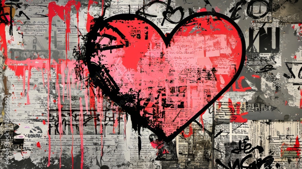 Fototapeta premium Abstract heart design in halftone, layered with graffiti-like doodles and bold text fragments, grayscale and red tones, raw punk collage style