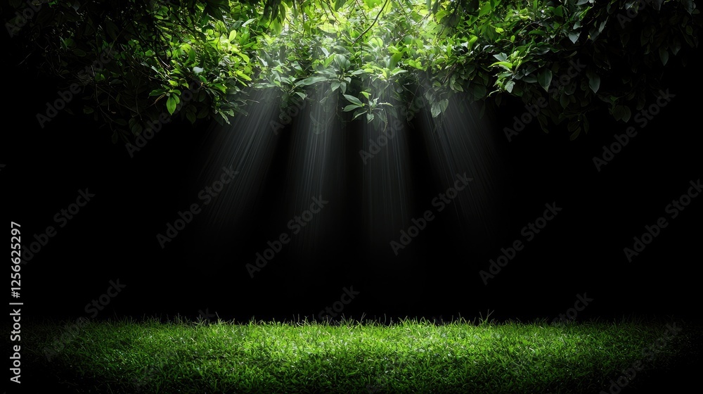 Obraz premium Sunbeams through jungle canopy, grass foreground, dark background; nature backdrop