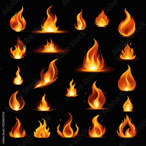 Fiery Blaze: A collection of various flames showcasing the raw energy and dynamic motion of fire, each a unique spectacle of vibrant orange and yellow hues.