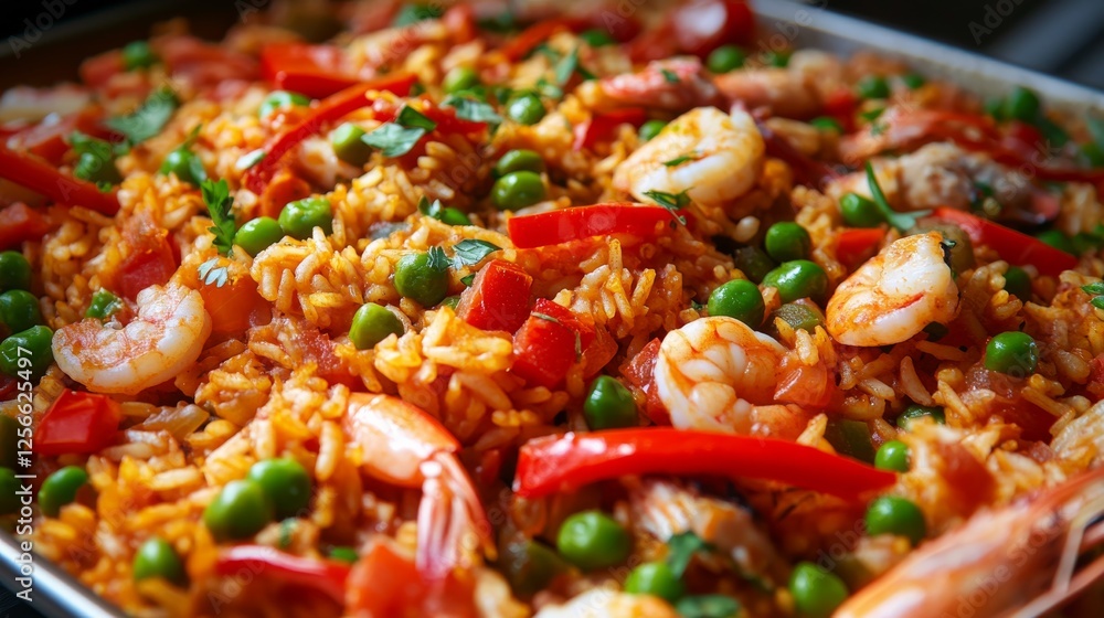Image of rice and seafood paella with bell peppers and peas in a large serving dish, emphasizing colorful and savory qualities. Ideal for festive meals and seafood dishes. Image of rice and seafood paella with bell peppers and peas in a large serving dish, emphasizing colorful and savory qualities. Ideal for festive meals and seafood dishes.