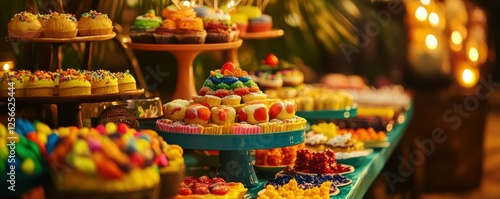 Colorful dessert table with cupcakes and pastries at nighttime celebration photo