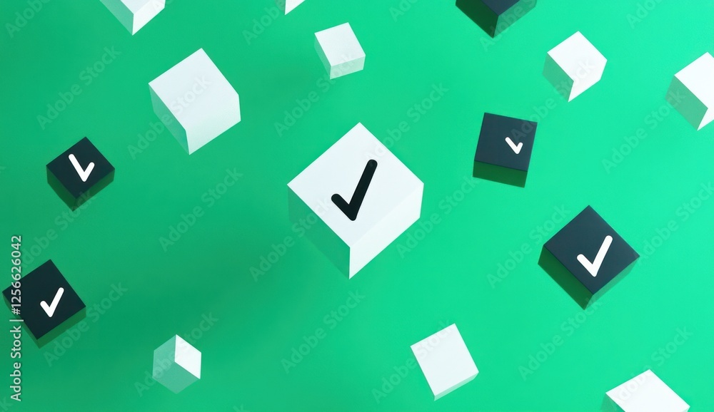 Abstract 3D cubes with checkmarks on green background. Abstract 3D cubes with checkmarks on green background.