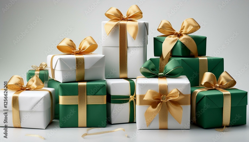 Obraz premium a collection of white and green gift wrapped christmas birthday or valentines presents with gold ribbon bows isolated against a background