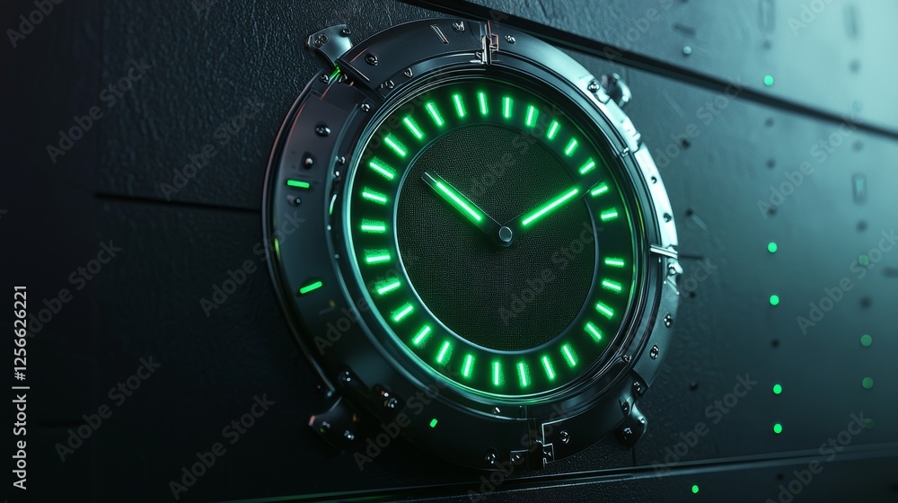 Fototapeta premium Unique wall clock design with circular LED display, sleek futuristic metal, glowing green digits, dark sci-fi interior, minimalist cyber aesthetic, 3D rendering