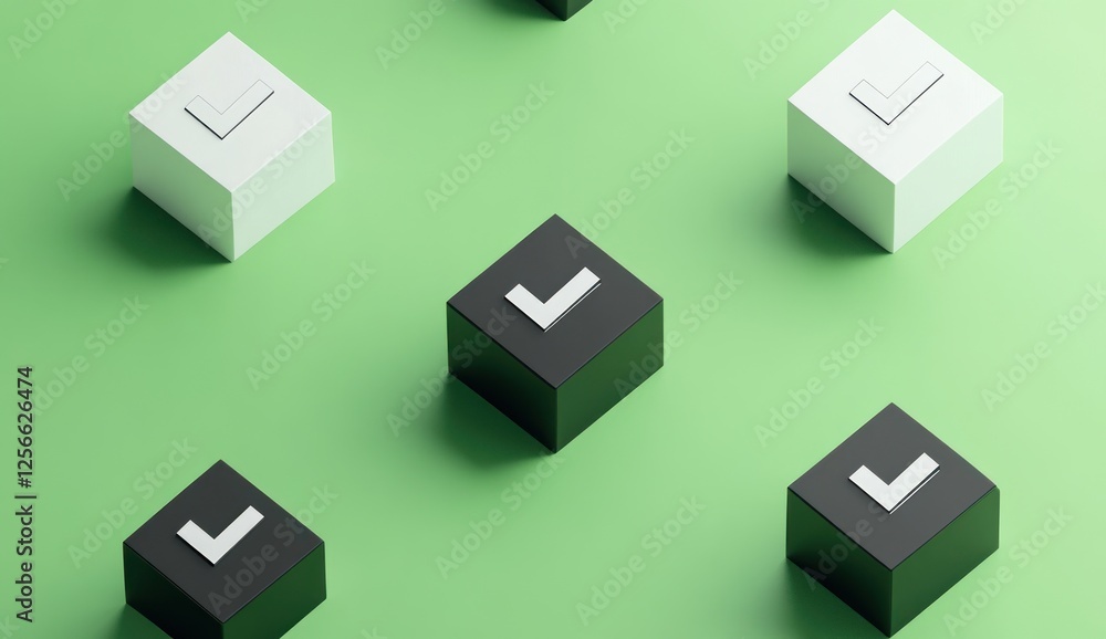 Abstract 3D rendering of black and white cubes with checkmarks on a green background. Abstract 3D rendering of black and white cubes with checkmarks on a green background.