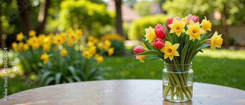 Brightly colored bouquet of yellow daffodils and pink tulips in a glass jar on a rustic table representing early spring gardening vibe amidst a vibrant garden background photo