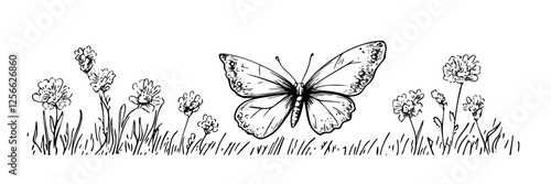 butterfly flying over flowers vector doodle black sketch illustration