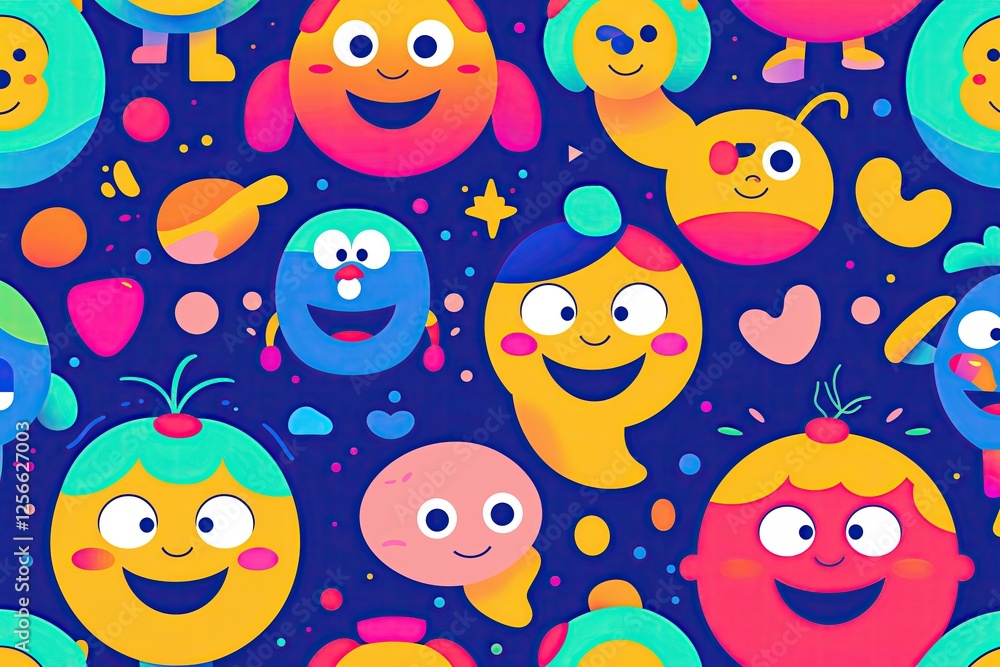 Fototapeta premium Vibrant Cartoon Character Seamless Pattern Design with Playful Faces and Shapes