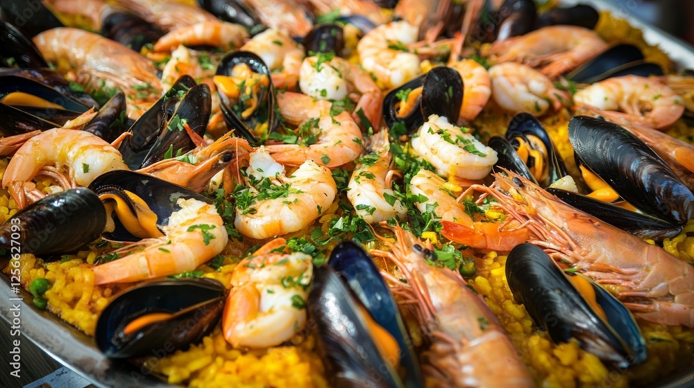 Image of seafood paella with shrimp, mussels, and saffron on a large platter, emphasizing vibrant and rich flavors. Ideal for festive meals and Spanish cuisine. Image of seafood paella with shrimp, mussels, and saffron on a large platter, emphasizing vibrant and rich flavors. Ideal for festive meals and Spanish cuisine.