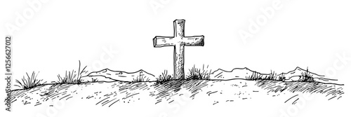 cross on hill with mountains vector doodle black sketch illustration