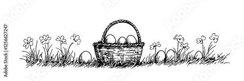 easter basket with eggs and flowers vector doodle black sketch illustration
