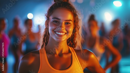 Smiling woman in vibrant fitness class with energetic lighting photo