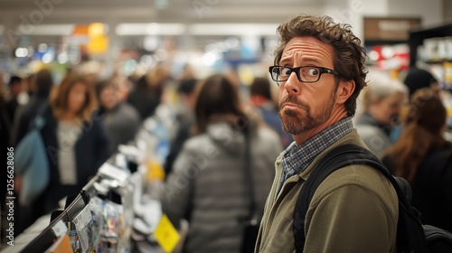 Frustrated shopper with confusing checkout process. Featuring a crowded store with long lines