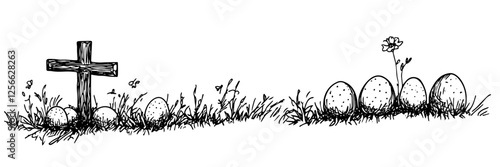 Christian Cross with Easter eggs in grass black vector engraving illustration