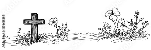 wooden cross with flowers in grass doodle sketch black vector engraving