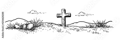 cross on hill with clouds doodle sketch black vector engraving
