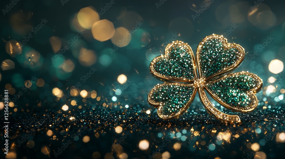 Fototapeta premium An elegant St. Patricks Day design with lush green hues, detailed shamrocks layered in depth, and a sparkling golden-edged four-leaf clover centerpiece