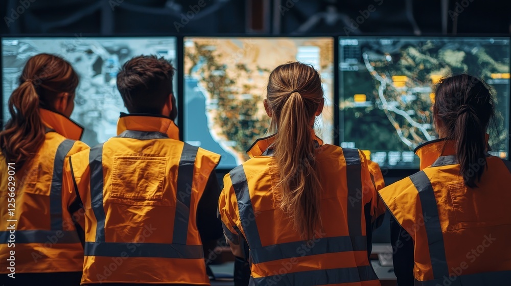 Diverse disaster response team strategizing in a command center, digital displays and maps showing affected regions, modern aid concept Diverse disaster response team strategizing in a command center, digital displays and maps showing affected regions, modern aid concept